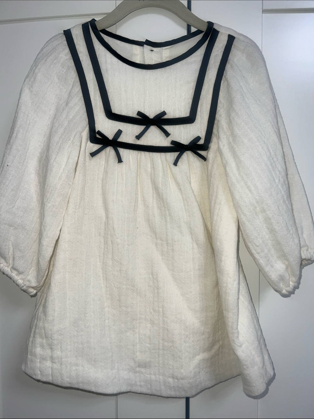 Zara Cream Sailor-Style Blouse with Black Trim and Bows